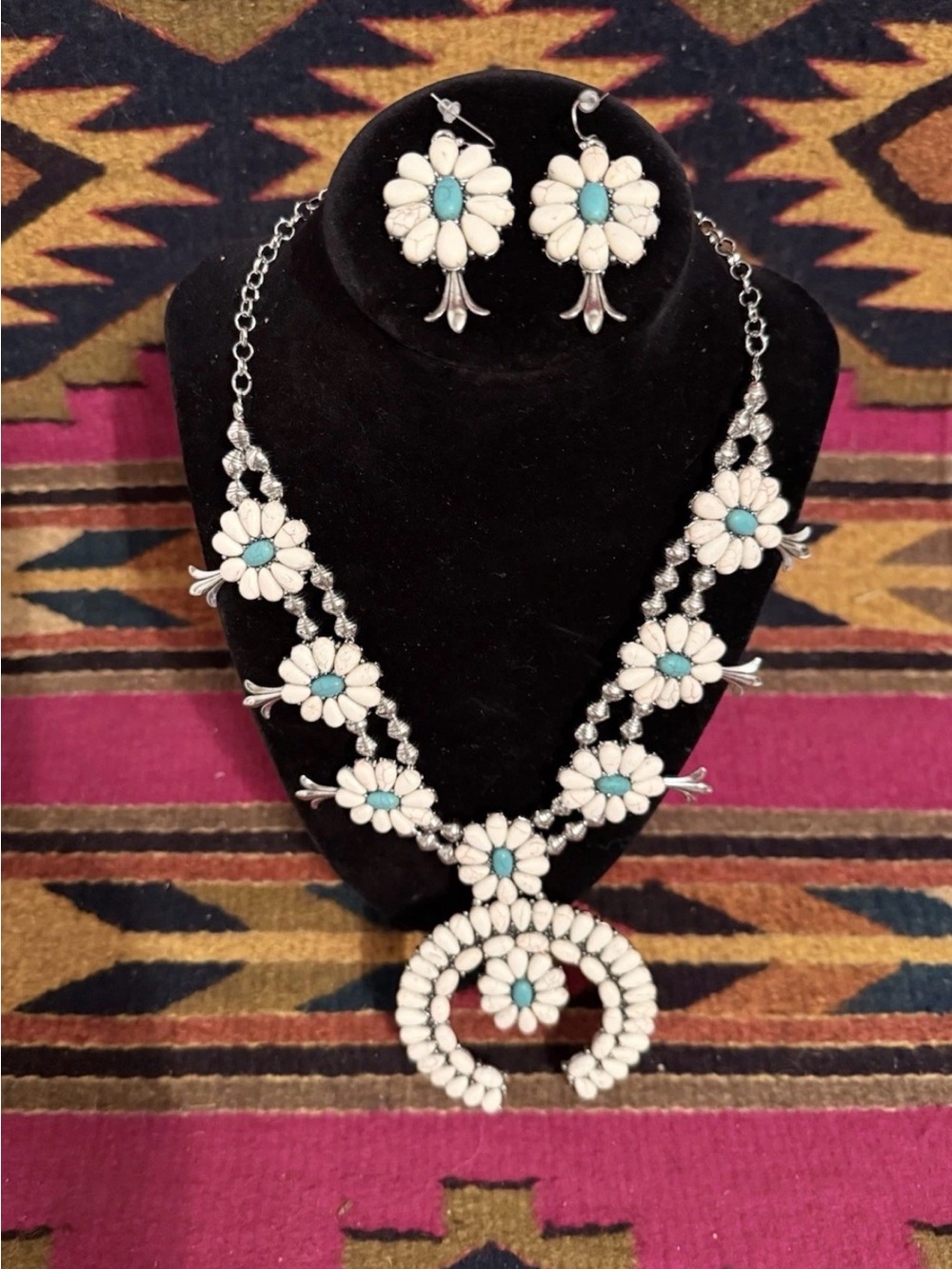 Southwest - Squash Blossom Style Necklace Set -   Faux Turquoise & White - New